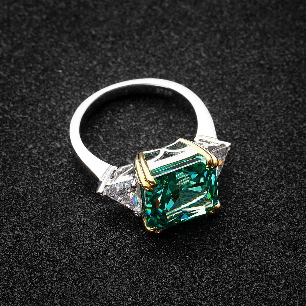 10*10mm Diamond and Emerald 925 Sterling Silver Ring