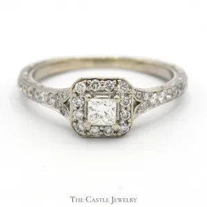 1/2cttw Princess Cut Diamond Engagement Ring with Halo and Accents in 10k White Gold