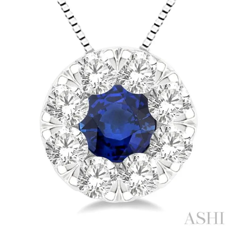 1/3 ctw Round Cut and 3.8MM Sapphire Lovebright Diamond Precious Pendant With Chain in 14K White Gold