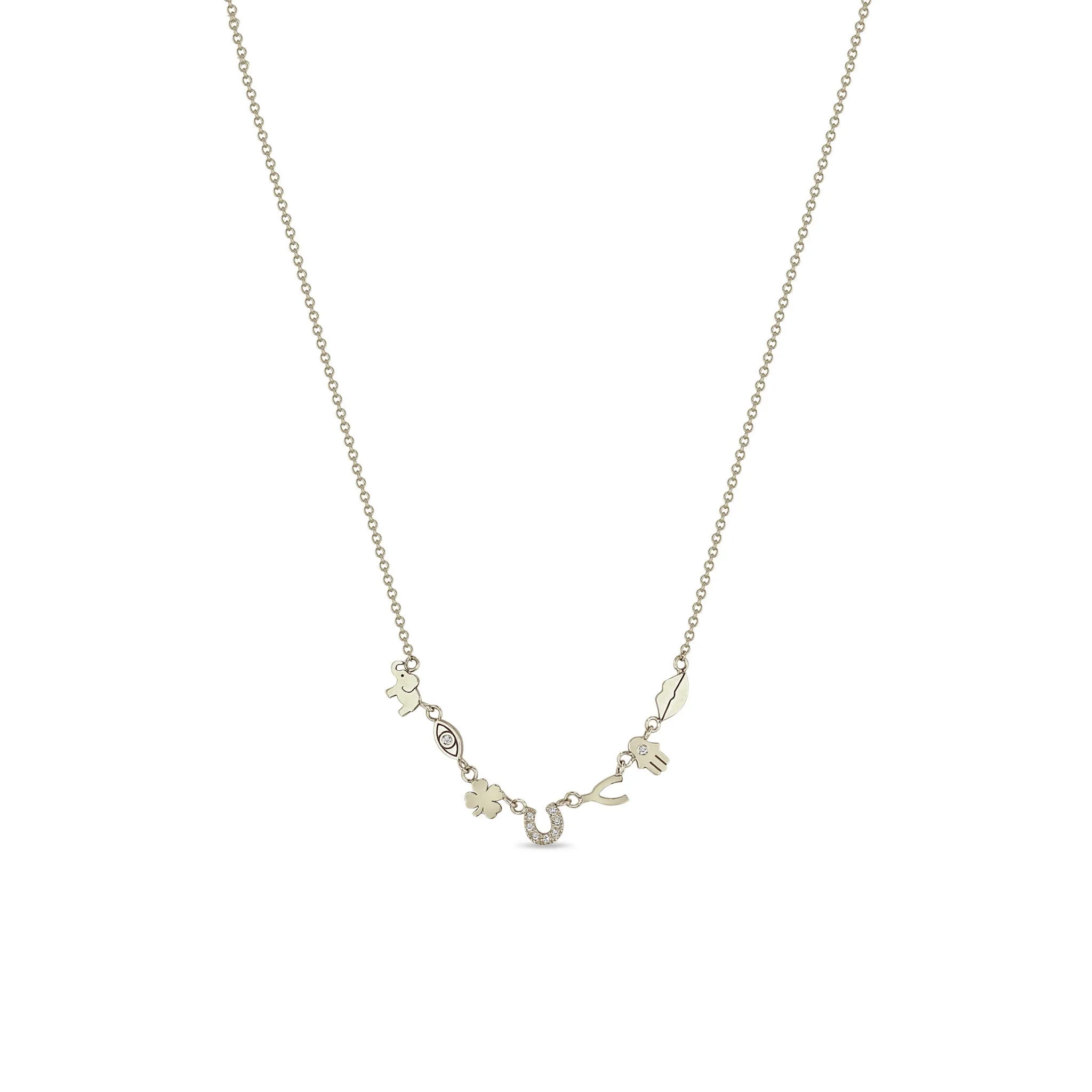 14k 7 Itty Bitty Gold & Diamond Linked Luck Symbols Necklace