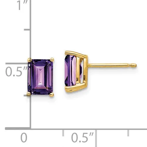 14k Gold 7x5mm Emerald Cut Amethyst Earrings