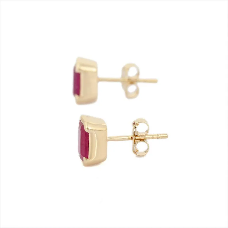 14K Gold Octagon Ruby Studs