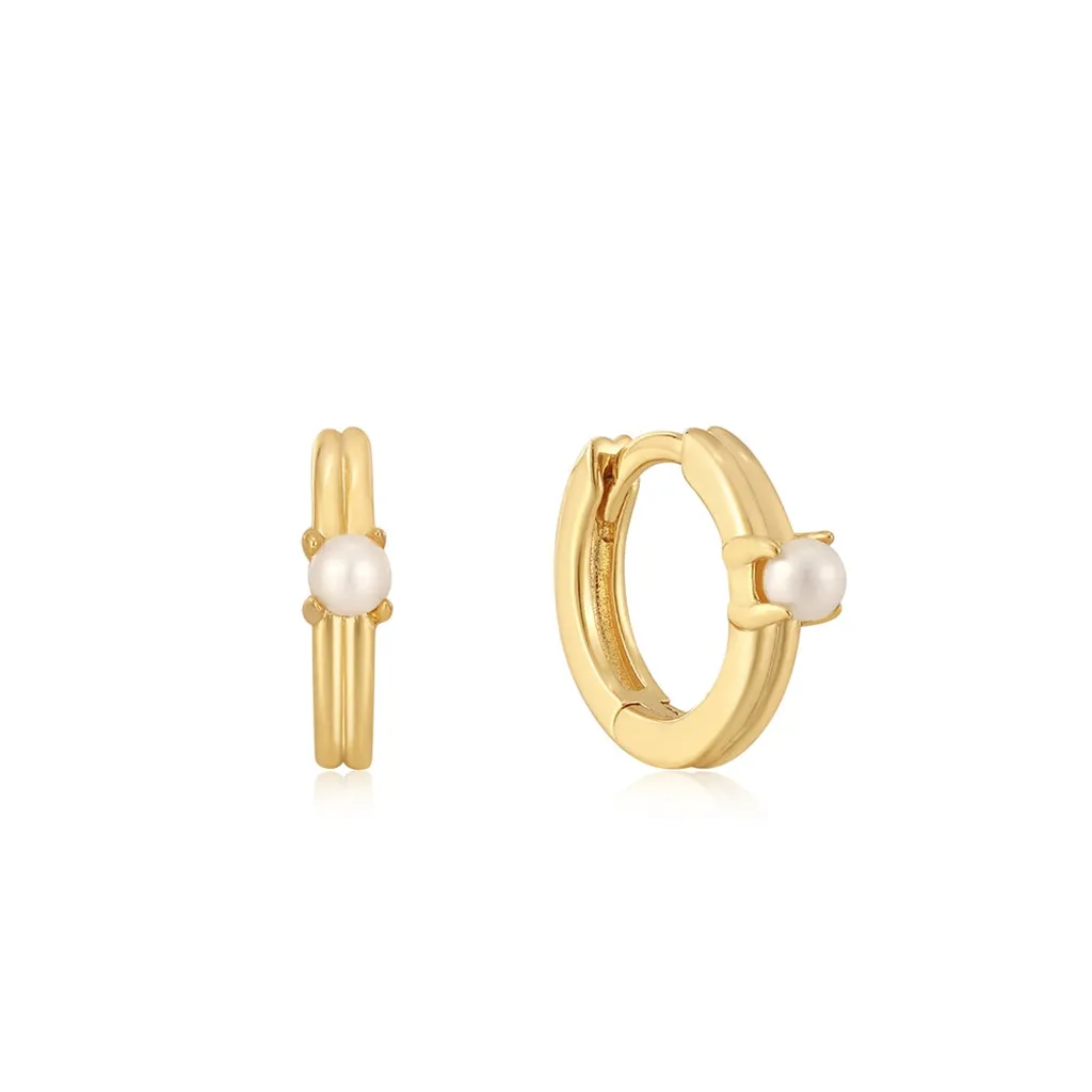 14K Yellow Gold Plated Pearl Huggie Hoop Earrings by Ania Haie