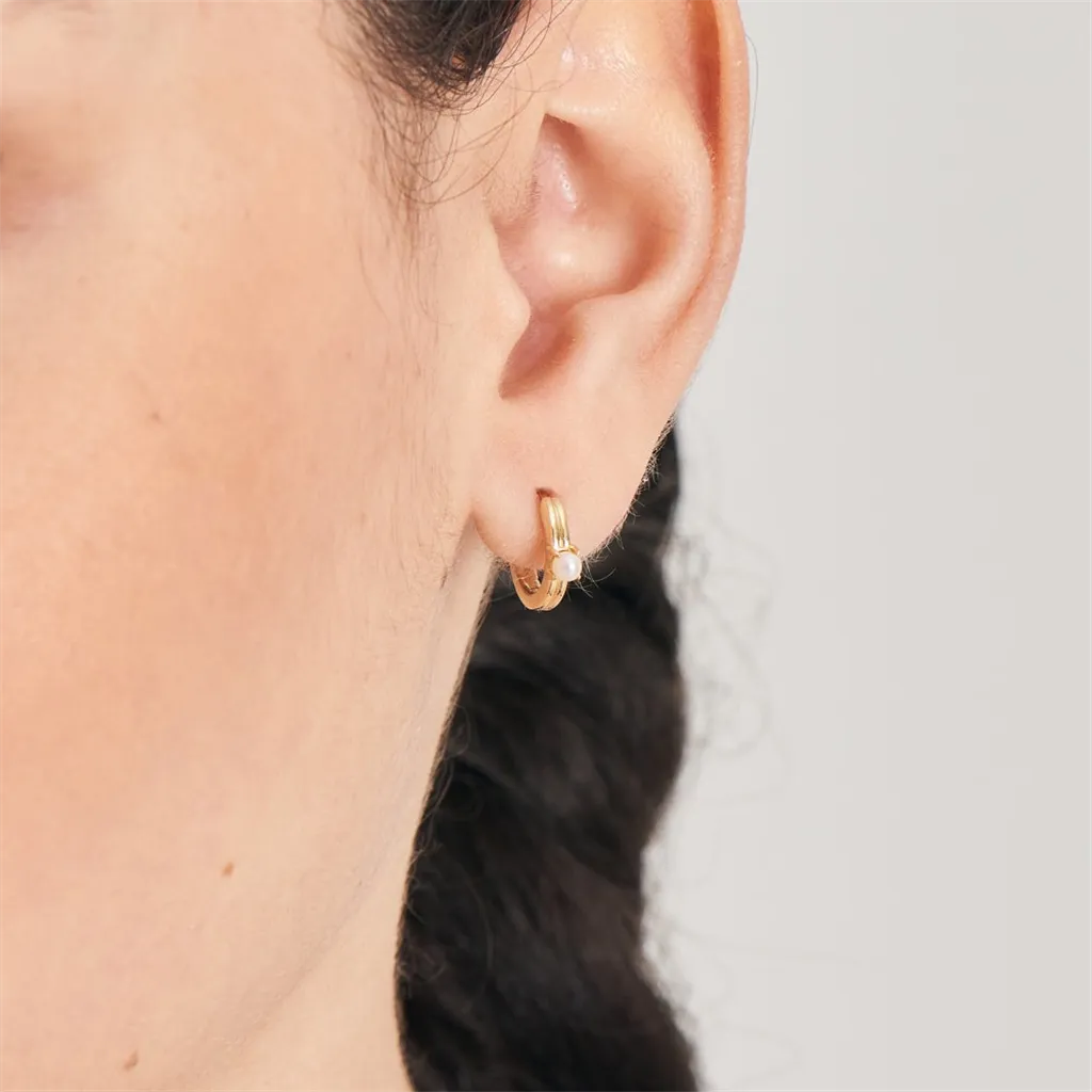 14K Yellow Gold Plated Pearl Huggie Hoop Earrings by Ania Haie