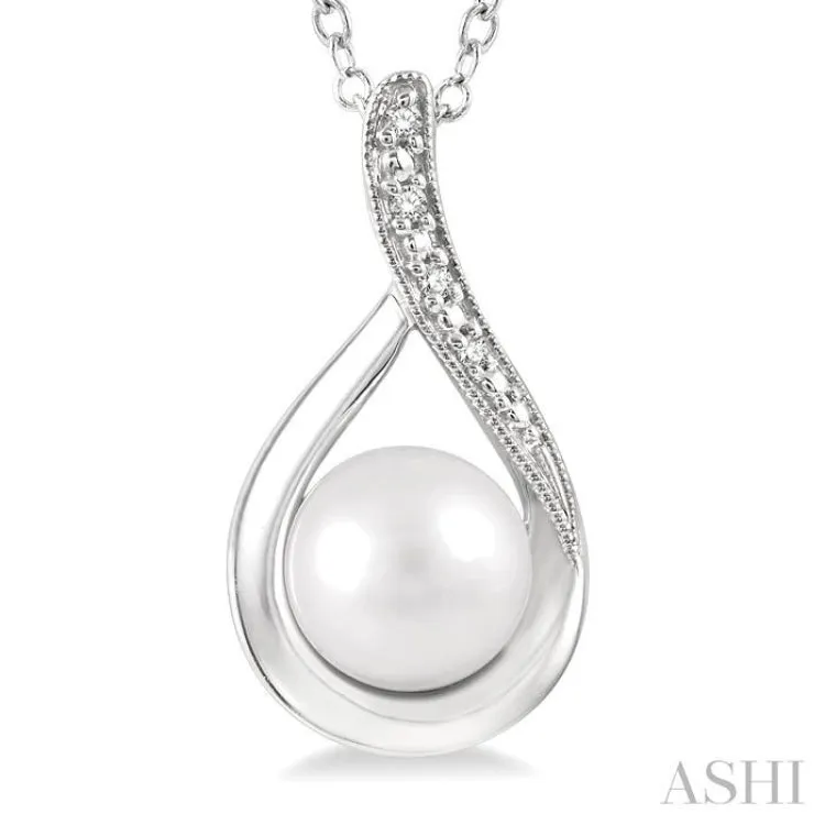 1/50 Ctw Drop Shape Round Cut Diamond & 7x7 MM Cultured Pearl Pendant With Chain in Sterling Silver