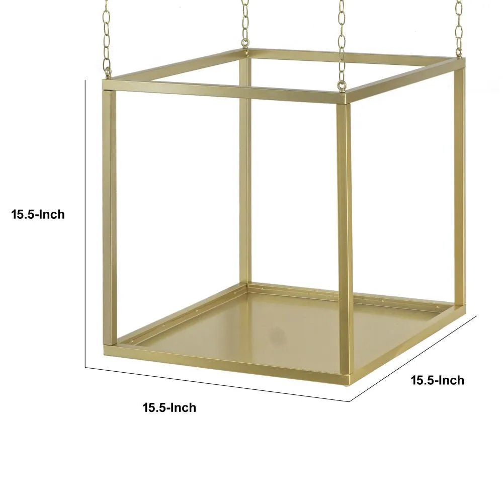 16 Inch Modern Iron Plant Stand, 4 Chains, Open Cube Design, Gold Finish By Casagear Home