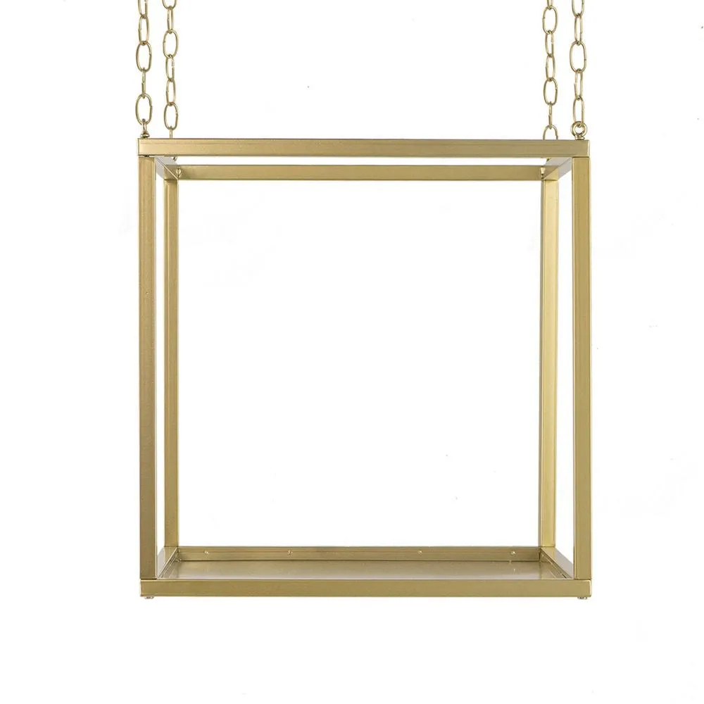 16 Inch Modern Iron Plant Stand, 4 Chains, Open Cube Design, Gold Finish By Casagear Home