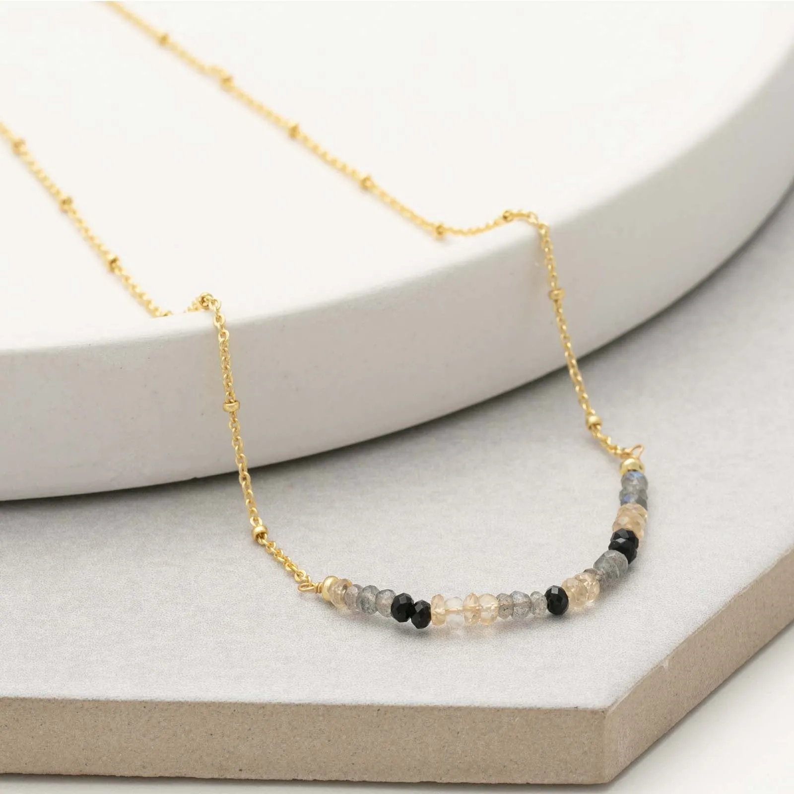 18 Inch 18K Gold Plated Black Onyx Labradorite And Citrine Beaded Necklace