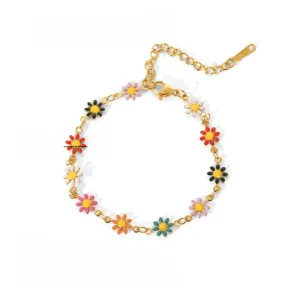 18K Gold Charm Colorful Daisy Bracelet Stainless Steel