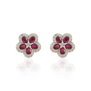 18K Gold Ruby Cherry Blossom Flower Earrings