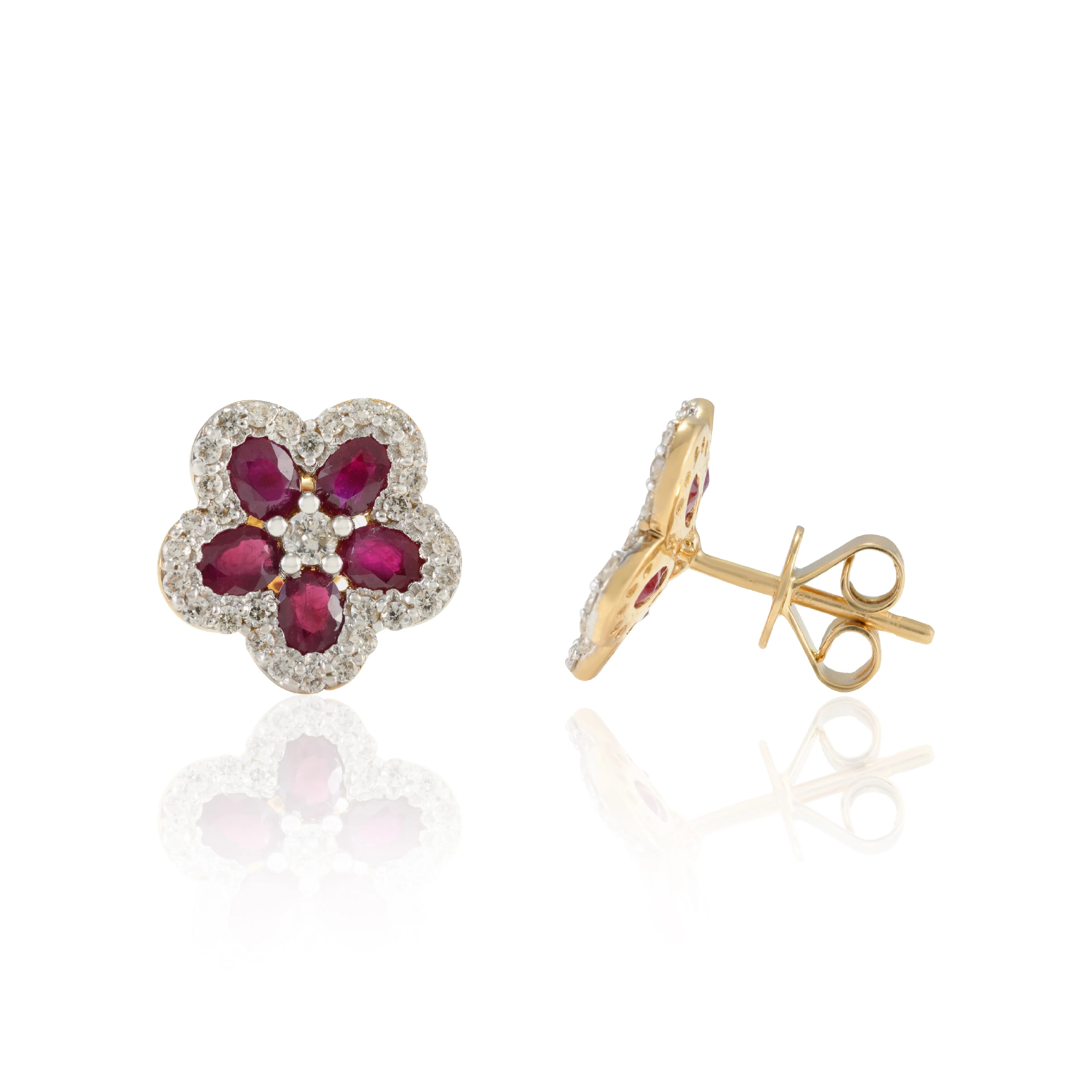 18K Gold Ruby Cherry Blossom Flower Earrings