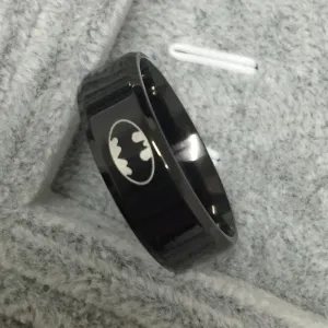 2016 Women Unisex Hot Titanium Boys Men Black Batman Symbol 316L Stainless Steel Polished Wedding Jewelry Ring 8MM Free shipping