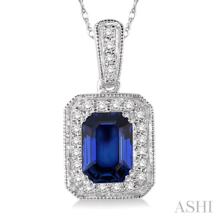 6x4 mm Emerald Cut Sapphire and 1/5 Ctw Round Cut Diamond Pendant in 14K White Gold with Chain