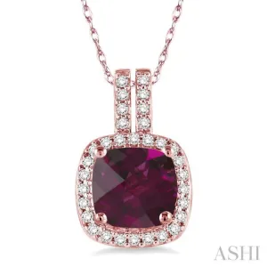 7x7 mm Cushion Cut Rhodolite Garnet and 1/5 Ctw Round Cut Diamond Pendant in 14K Rose Gold with Chain