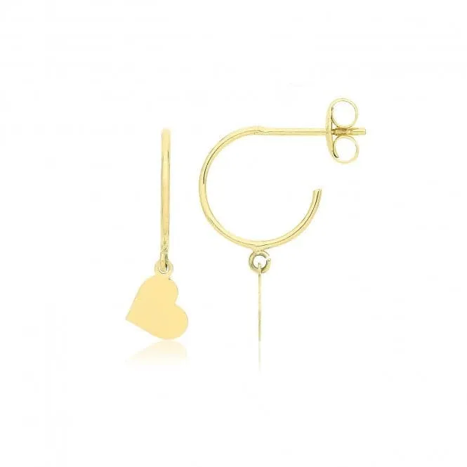 9ct Yellow Gold Half Hoop Studs With Hanging Heart ES750