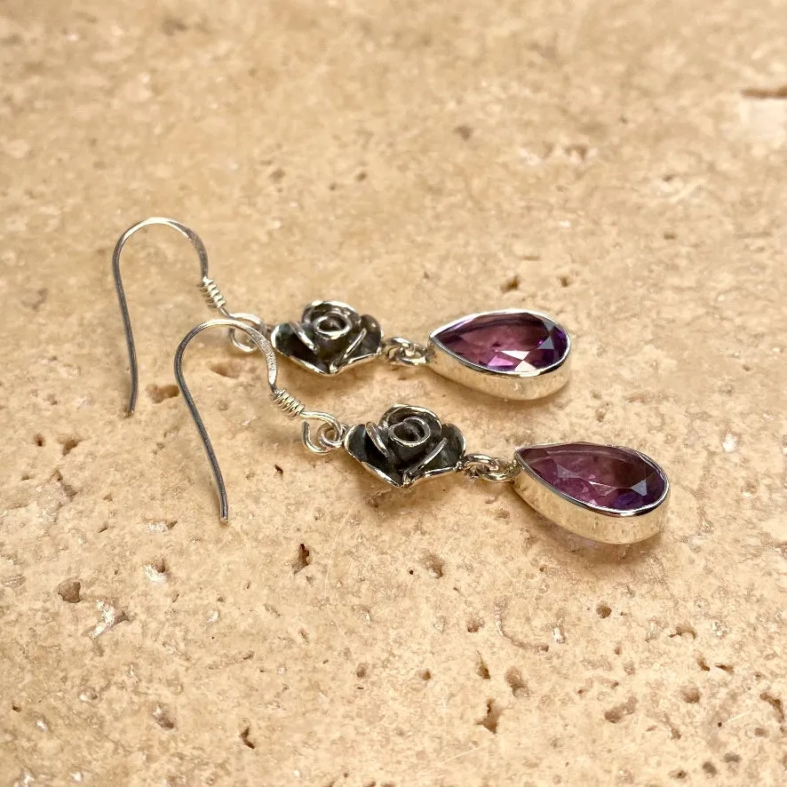 Amethyst Silver Rose Earrings