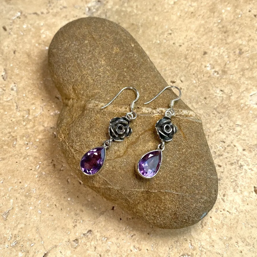 Amethyst Silver Rose Earrings