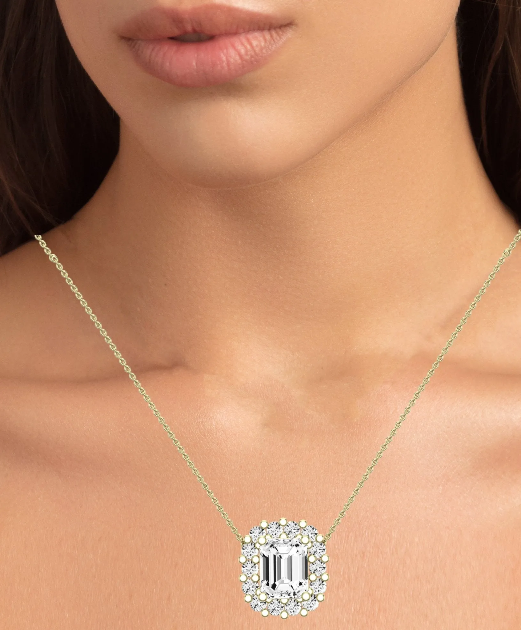 Angelwing Emerald Cut Diamond Halo Necklace