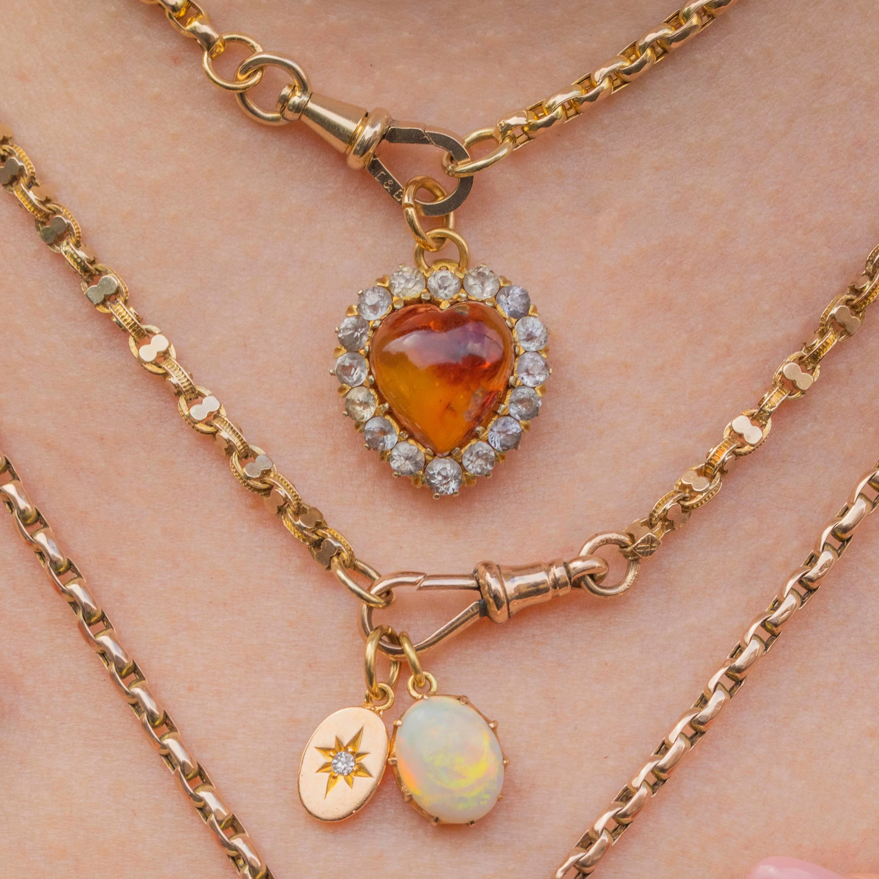 Antique 18ct Gold Amber & White Sapphire Heart Pendant