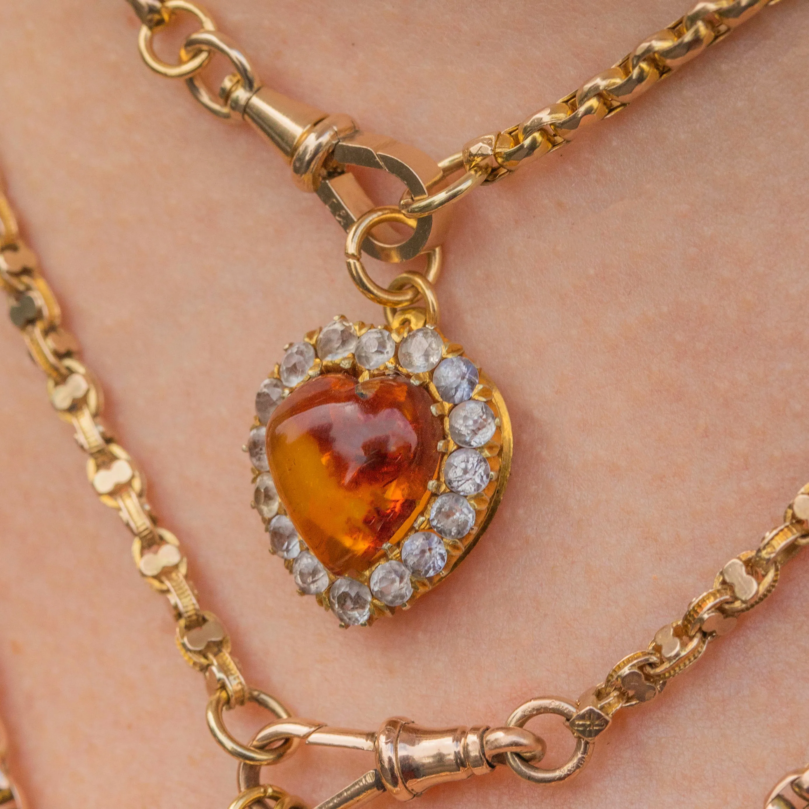 Antique 18ct Gold Amber & White Sapphire Heart Pendant