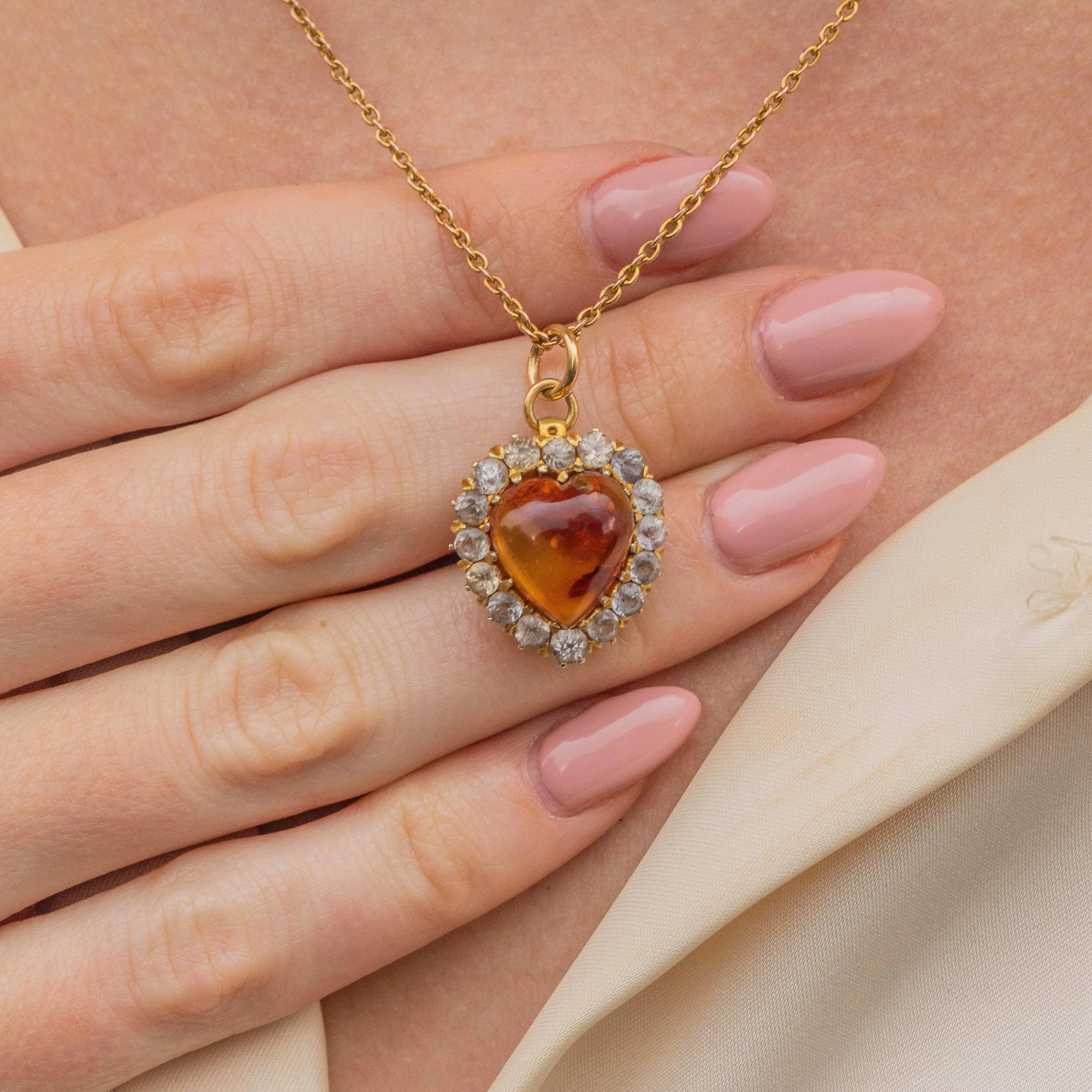 Antique 18ct Gold Amber & White Sapphire Heart Pendant