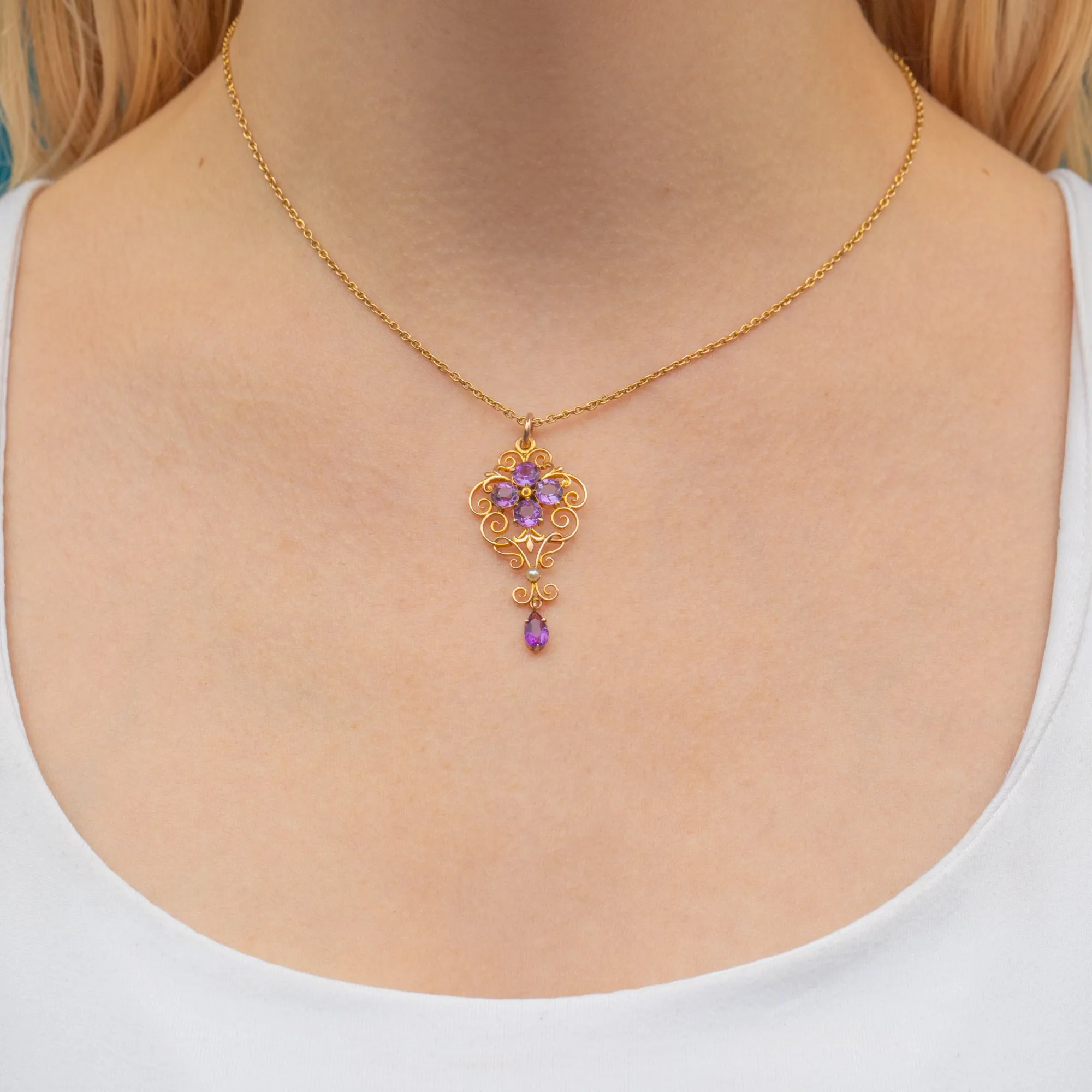 Antique 9ct Gold Amethyst Filigree Drop Pendant