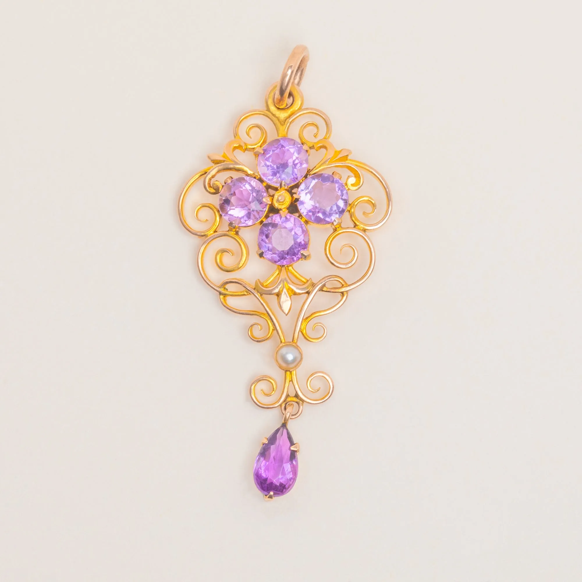 Antique 9ct Gold Amethyst Filigree Drop Pendant