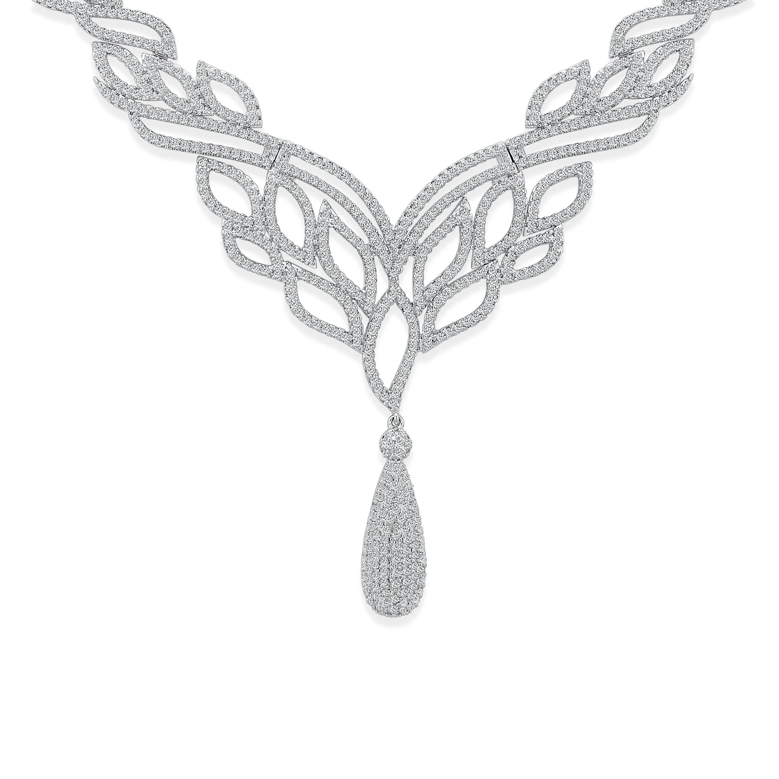 Art Deco Leaf Collar Necklace with Teardrop CZ Silver Plated for Weddings & Proms