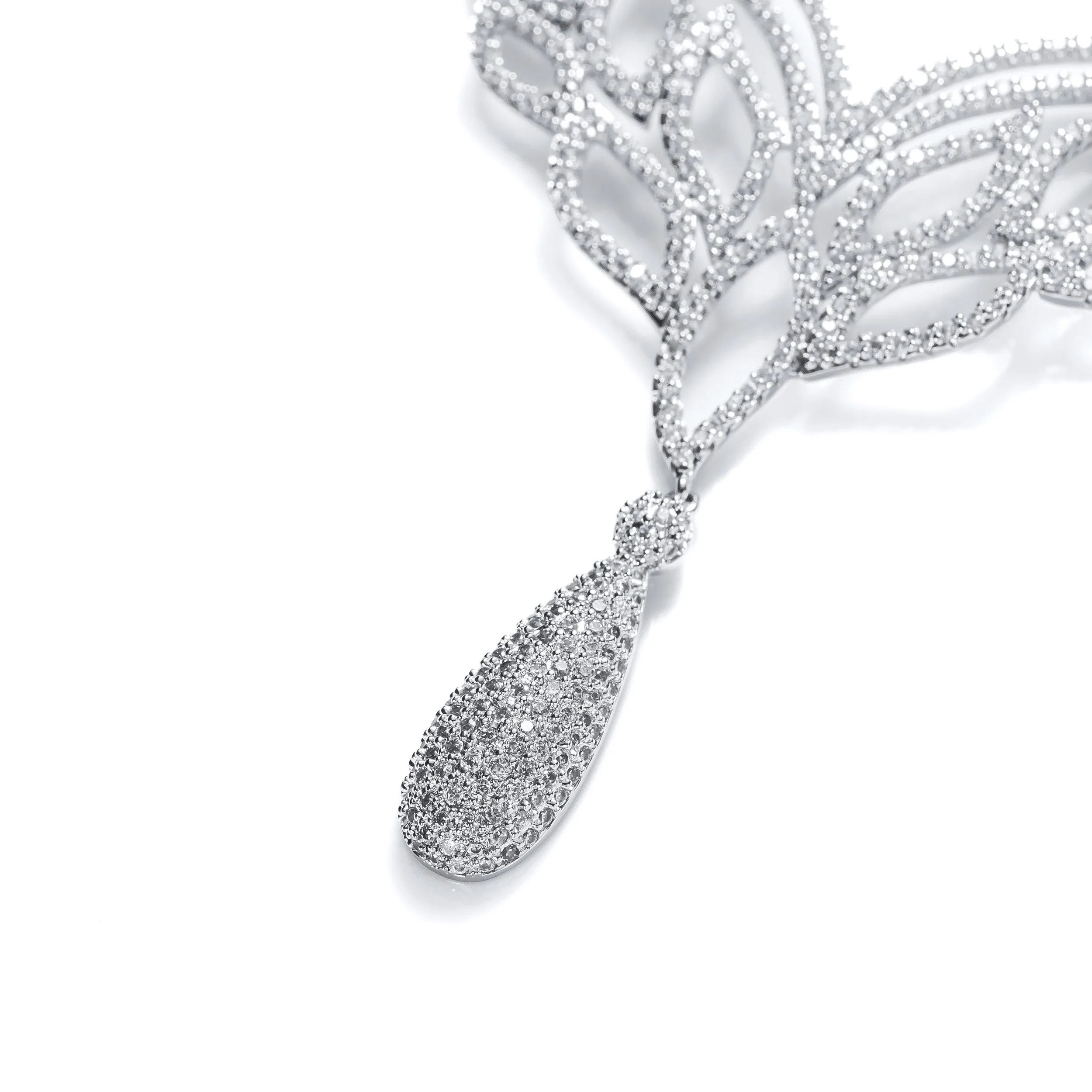 Art Deco Leaf Collar Necklace with Teardrop CZ Silver Plated for Weddings & Proms