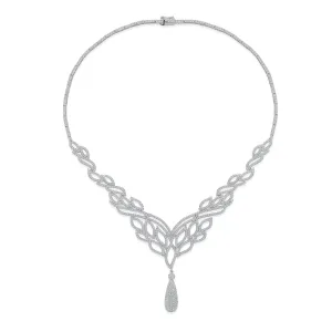 Art Deco Leaf Collar Necklace with Teardrop CZ Silver Plated for Weddings & Proms