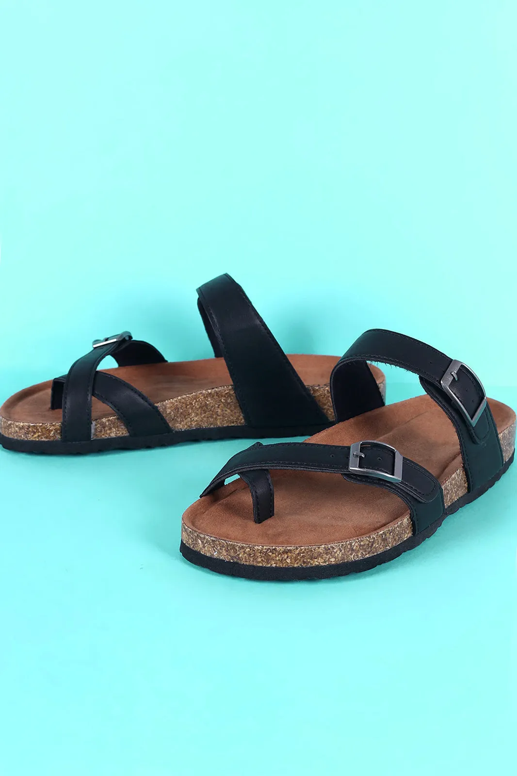 Bamboo Leather Buckled Thong Cork Footbed Slide Sandal