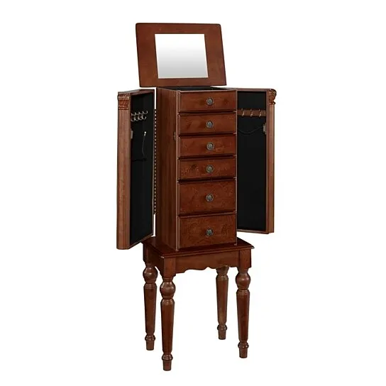 Benzara 5 Drawer Jewelry Armoire with Turned Legs, Cherry Brown