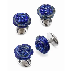 Blue Lapis Hand Carved Gemstone Rose Sterling Silver Tuxedo Studs