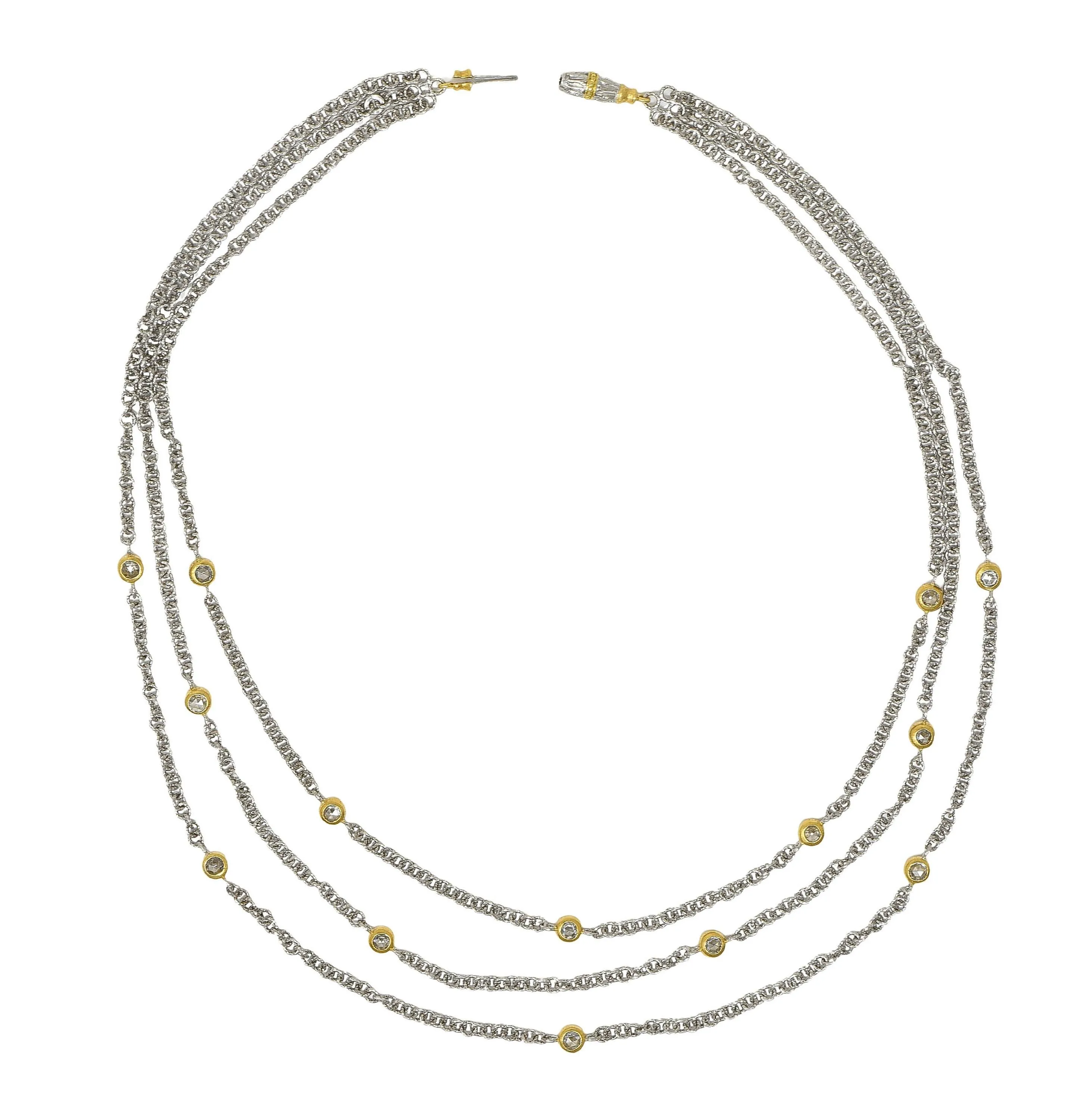 Buccellati Rose Cut Diamond 18 Karat Two-Tone Gold Multi-Strand Vintage Swag Chain Necklace