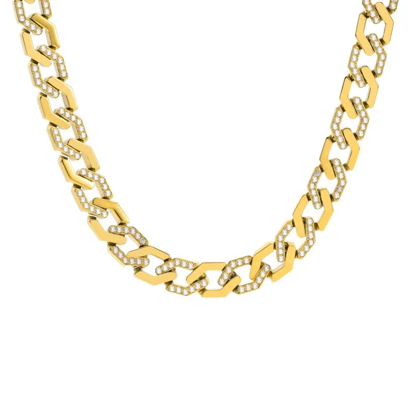 C101G B.Tiff Gold Pavé High Polish Flat Angular Cuban Link Necklace