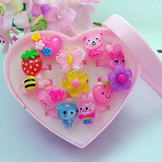 Children's Cartoon Rings Baby Kids Rings for Girls Flower Cartoon Animal Ring Set Mix Finger Jewery 12pcs Rings with Display Box