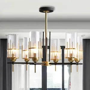 Contemporary 6-Head Black and Gold Chandelier Pendant with Clear Glass Triangular Prism