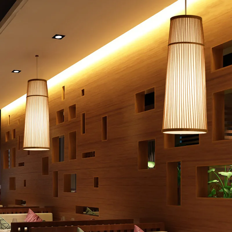 Countryside Style Tapered Bamboo Shade Pendant Light: 1-Light Beige Hanging Lamp for Restaurants