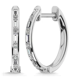 Diamond 1/4 Ct.Tw. Round and Baguette Cut Hoop Earrings in 10K White Gold