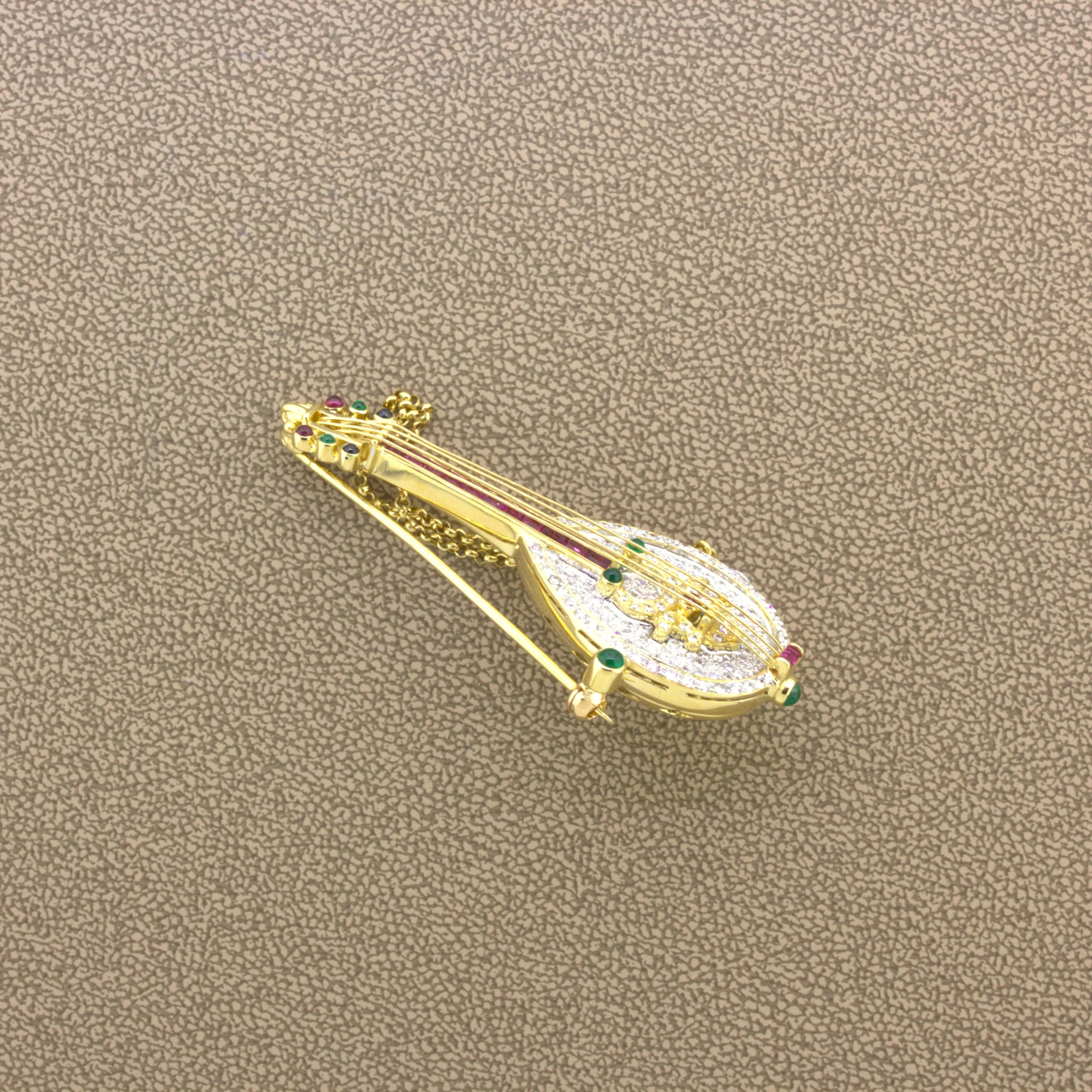 Diamond Ruby Emerald Sapphire 18k Yellow Gold Musical Mandolin Brooch