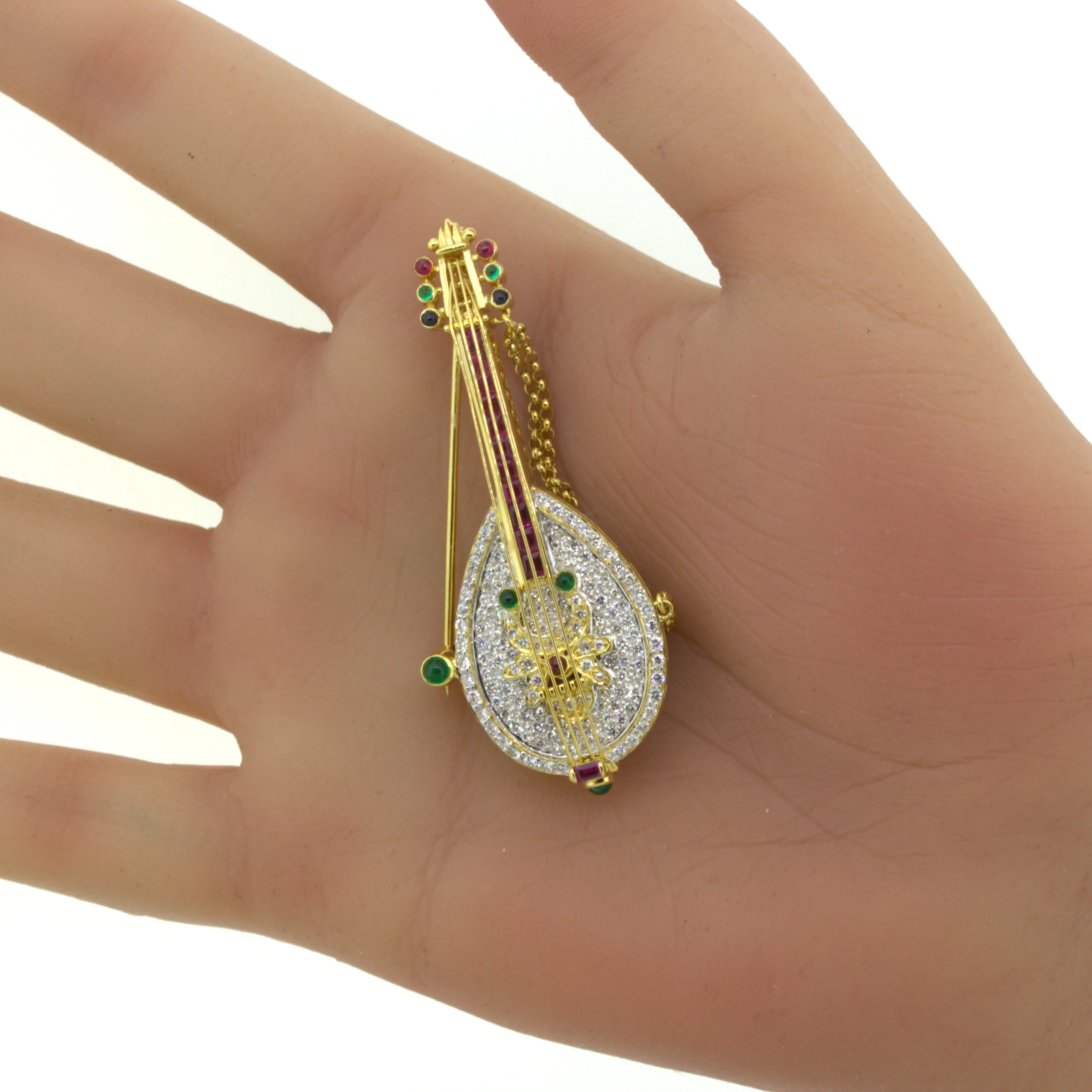 Diamond Ruby Emerald Sapphire 18k Yellow Gold Musical Mandolin Brooch