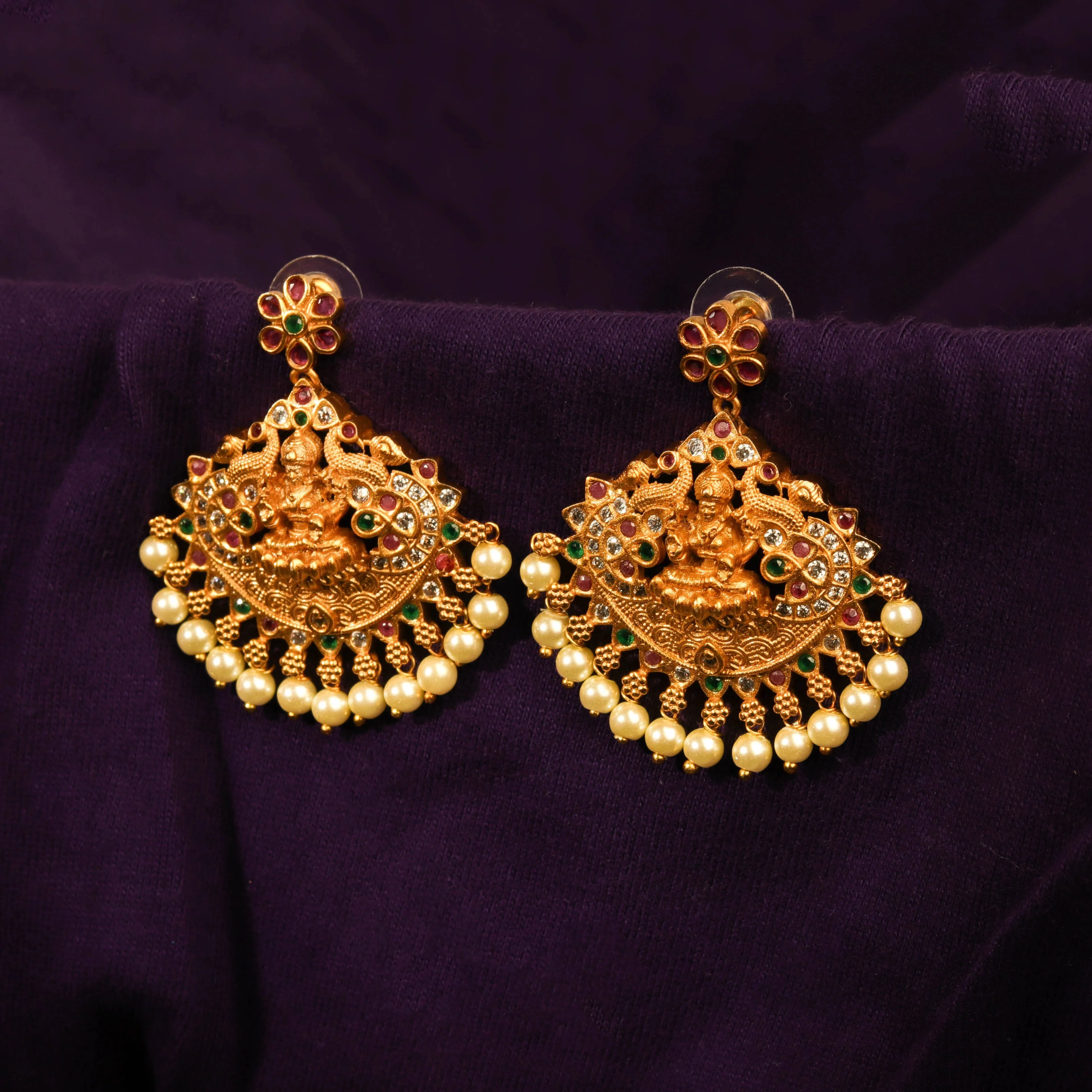 Divine Matte Gold Plated Temple Multi Stone Earring For Women