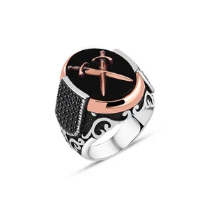 Double Sword on Ellipse Black Onyx Stone Silver Men's Ring Siding Zircons in Epaulet Shape