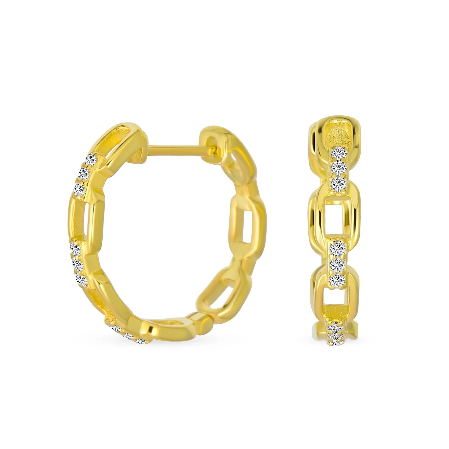 Elegant CZ Hoop Earrings Gold Plated Paper Clip Chain with Pave Accents .75 Inch