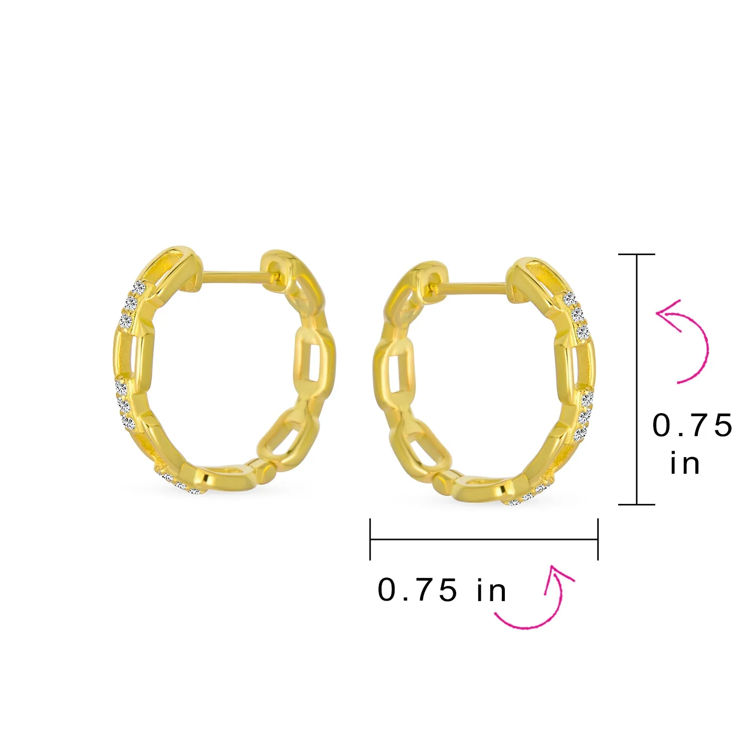 Elegant CZ Hoop Earrings Gold Plated Paper Clip Chain with Pave Accents .75 Inch