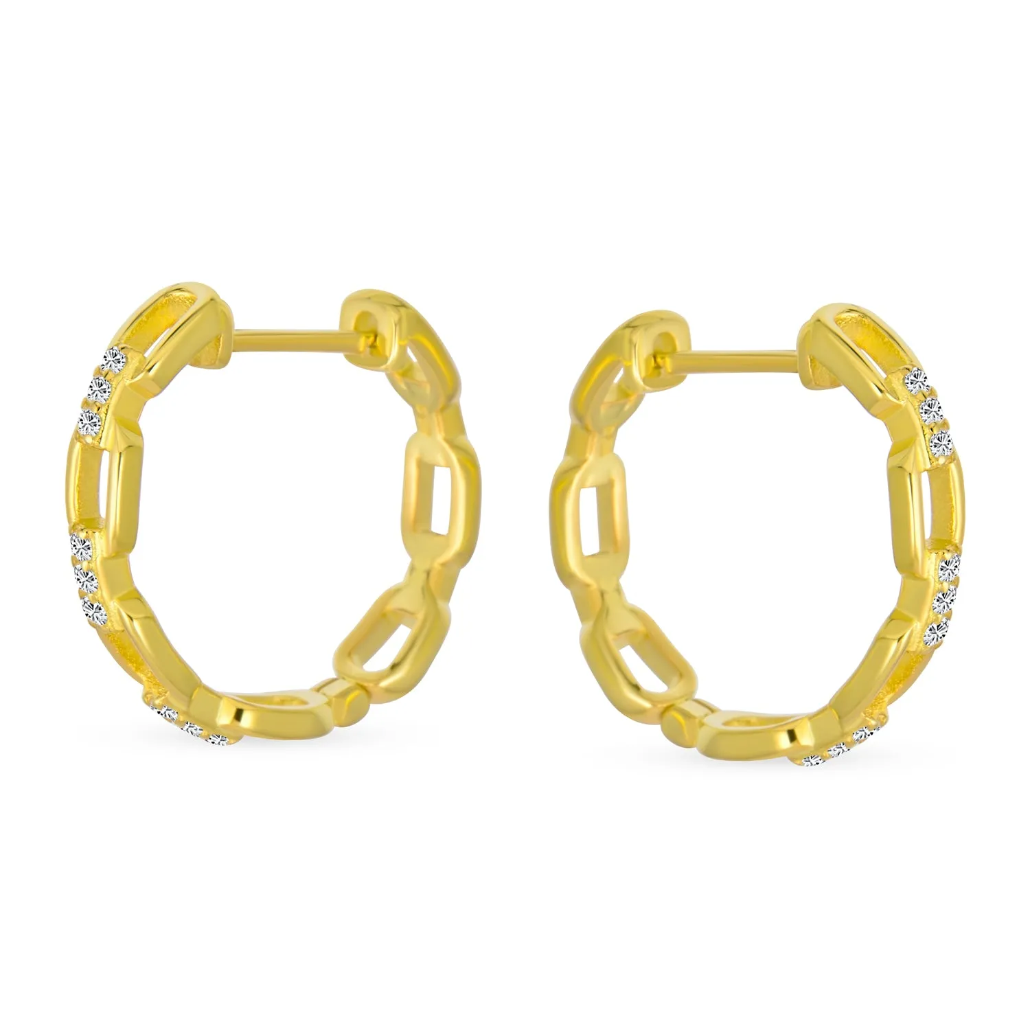 Elegant CZ Hoop Earrings Gold Plated Paper Clip Chain with Pave Accents .75 Inch