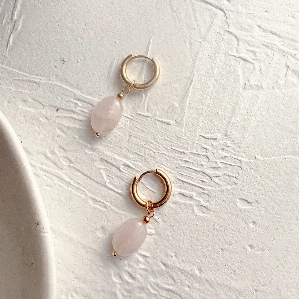 Elegant Gold Hoop Earrings with Rose Quartz Charm jlt11774