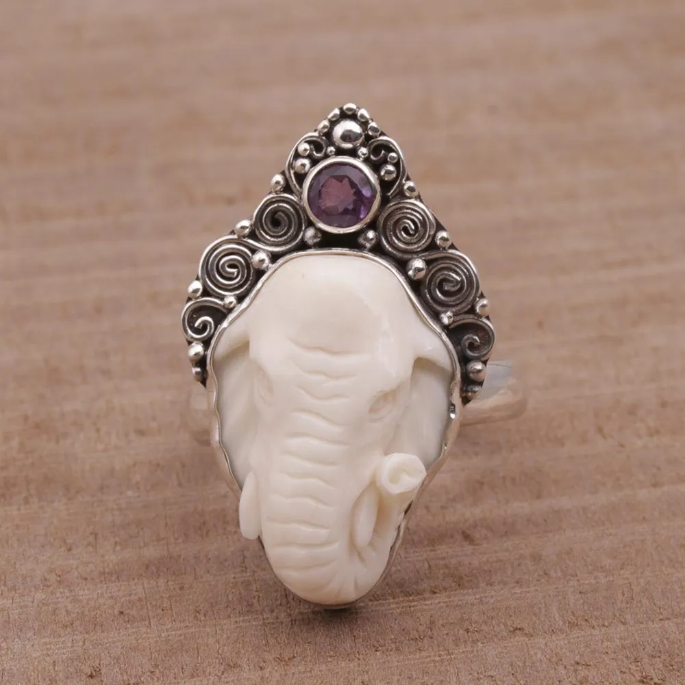 Elephant Grandeur Amethyst & Silver Ring