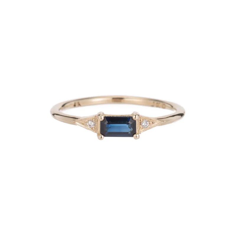 Emerald Cut Blue Sapphire Deco Ring