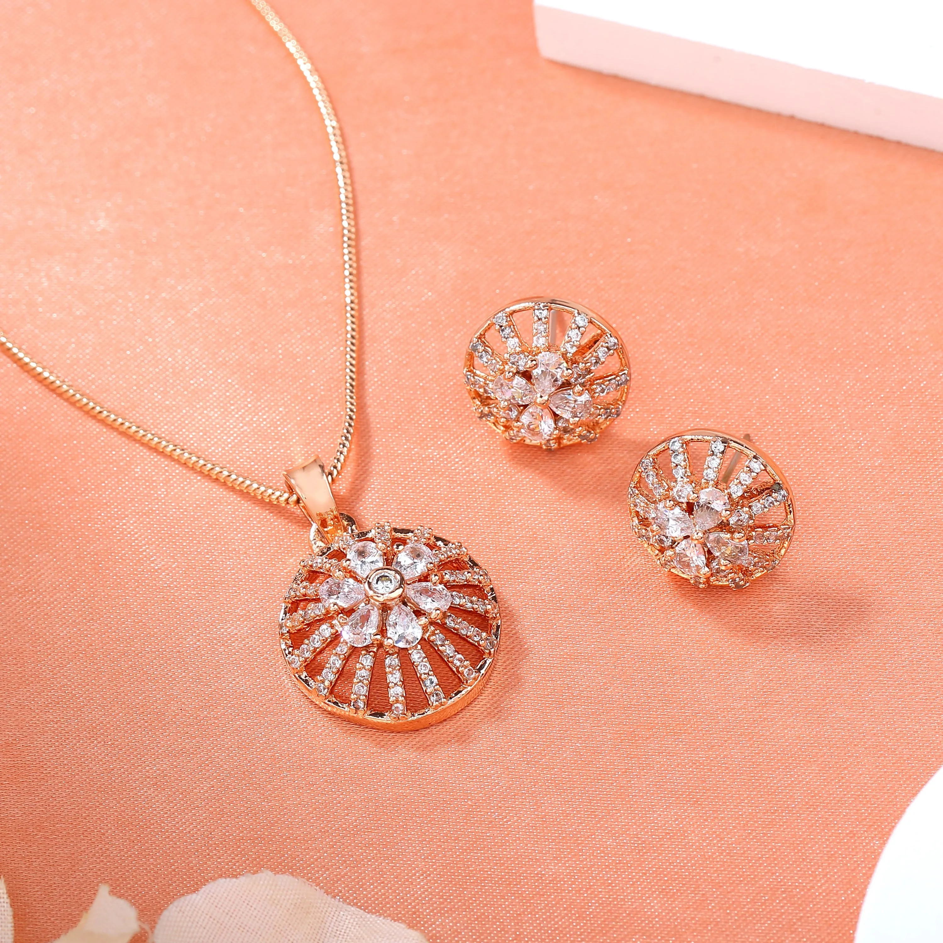 Estele Rose Gold Plated CZ Flower Designer Pendant Set for Women